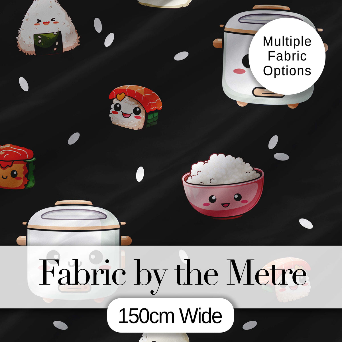 Cute Kawaii Sushi Rice Bowl Cooker Black Background Seamless Pattern Digital Print Fabric by the Metre UK Sewing Quilting Textile
