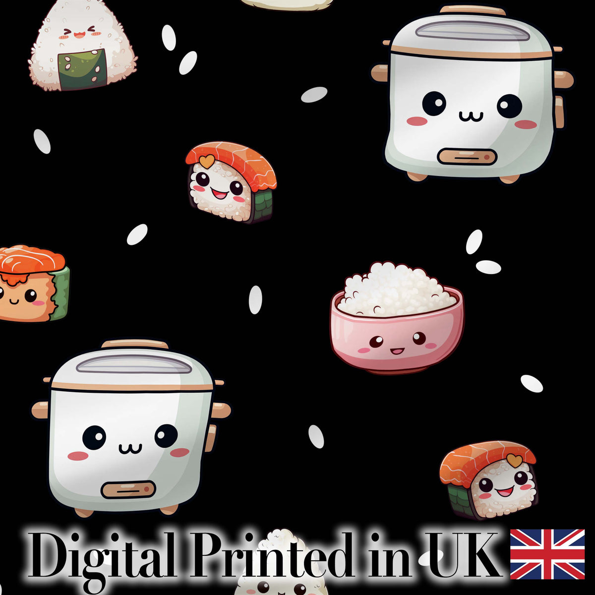 Cute Kawaii Sushi Rice Bowl Cooker Black Background Seamless Pattern Digital Print Fabric by the Metre UK Sewing Quilting Textile