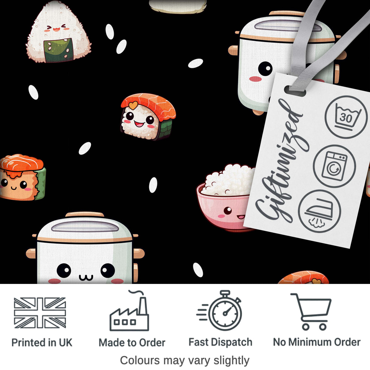 Cute Kawaii Sushi Rice Bowl Cooker Black Background Seamless Pattern Digital Print Fabric by the Metre UK Sewing Quilting Textile