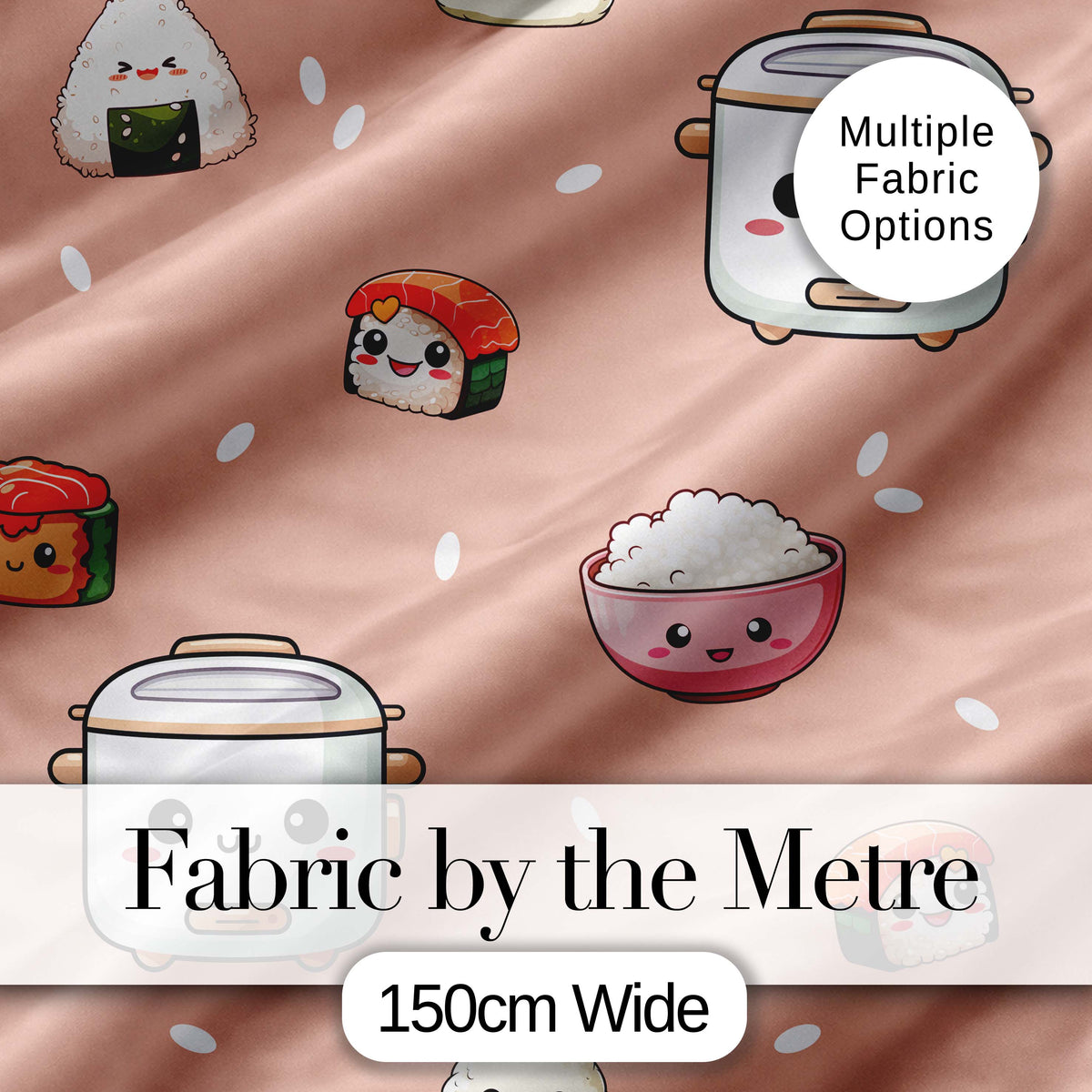 Cute Kawaii Sushi Rice Cooker Bowl Salmon Beige Background Seamless Pattern Digital Print Fabric by the Metre UK Sewing Quilting Textile