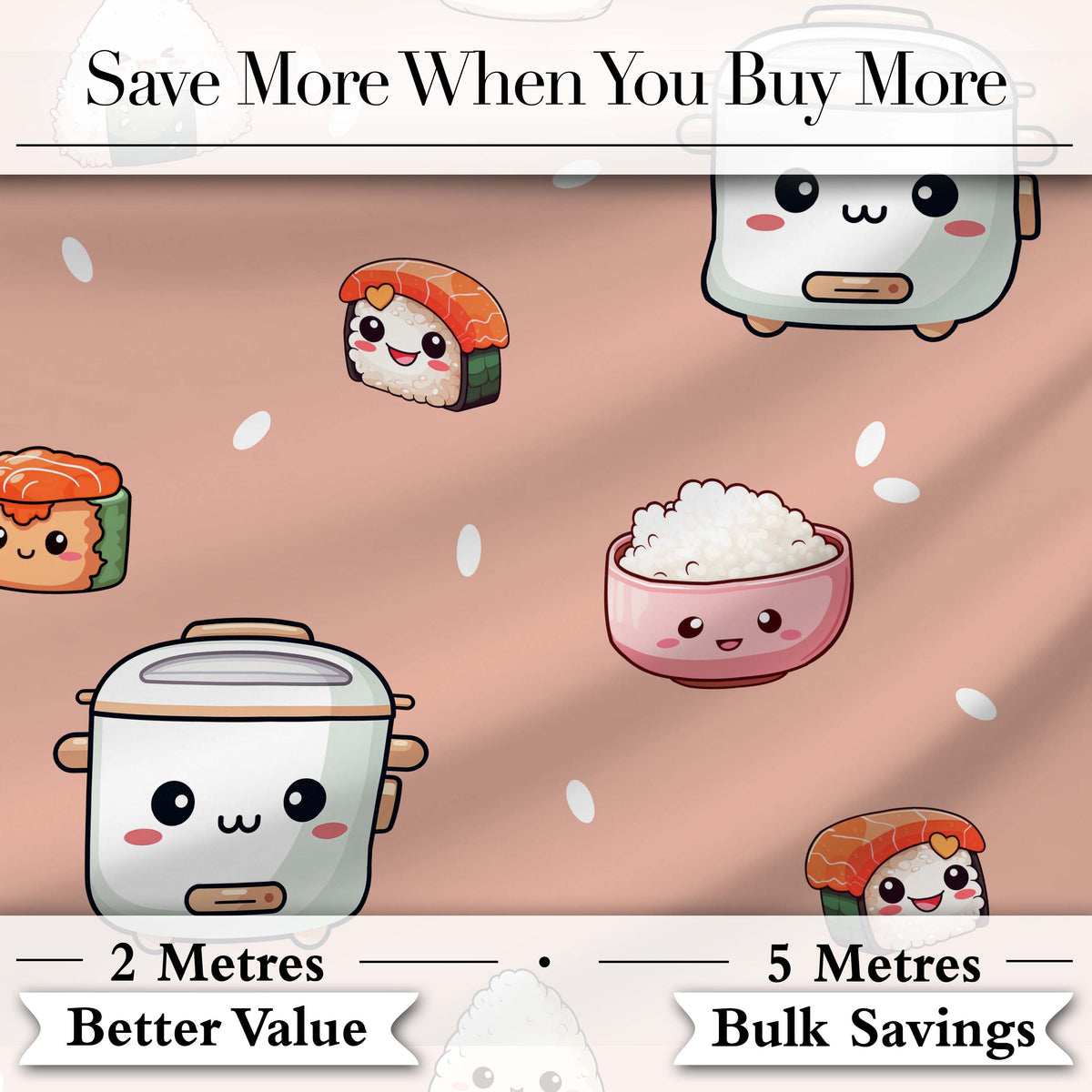 Cute Kawaii Sushi Rice Cooker Bowl Salmon Beige Background Seamless Pattern Digital Print Fabric by the Metre UK Sewing Quilting Textile