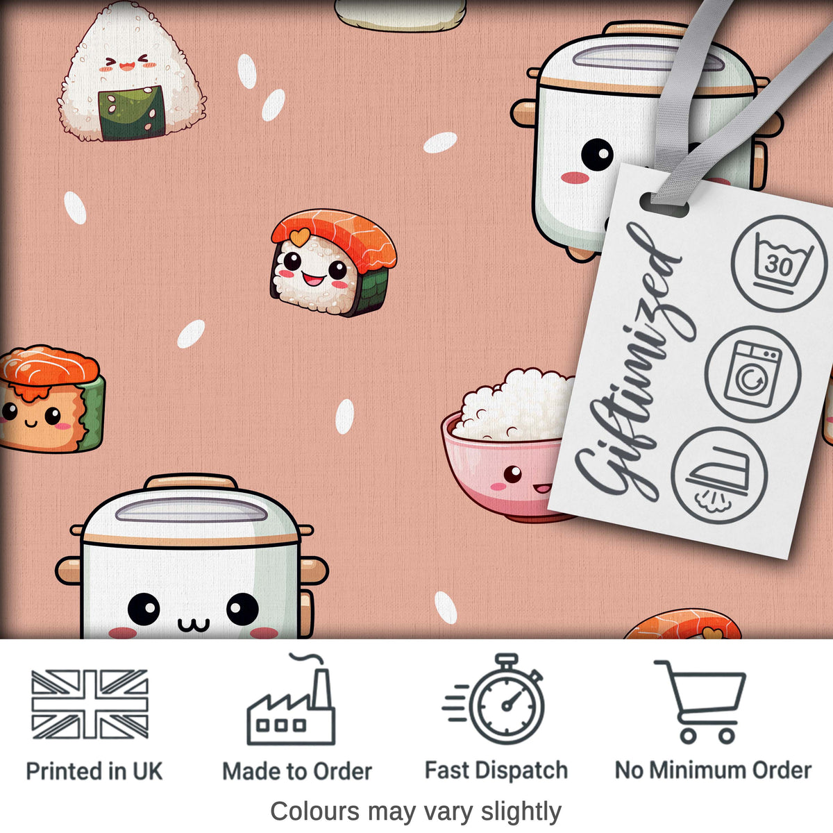 Cute Kawaii Sushi Rice Cooker Bowl Salmon Beige Background Seamless Pattern Digital Print Fabric by the Metre UK Sewing Quilting Textile