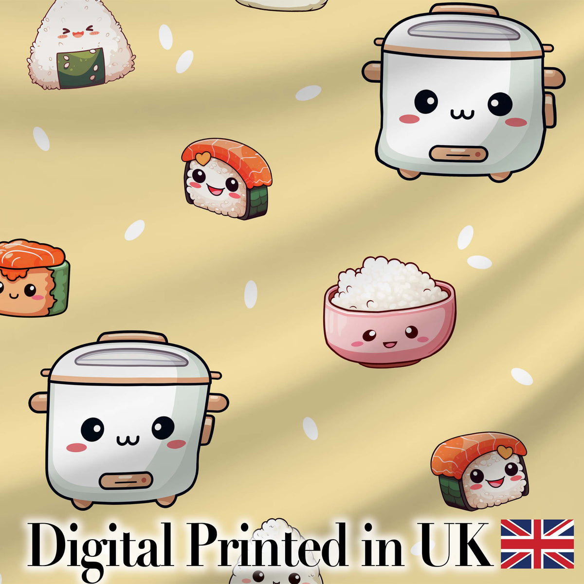 Cute Kawaii Sushi Rice Cooker Bowl Yellow Background Seamless Pattern Digital Print Fabric by the Metre UK Sewing Quilting Textile