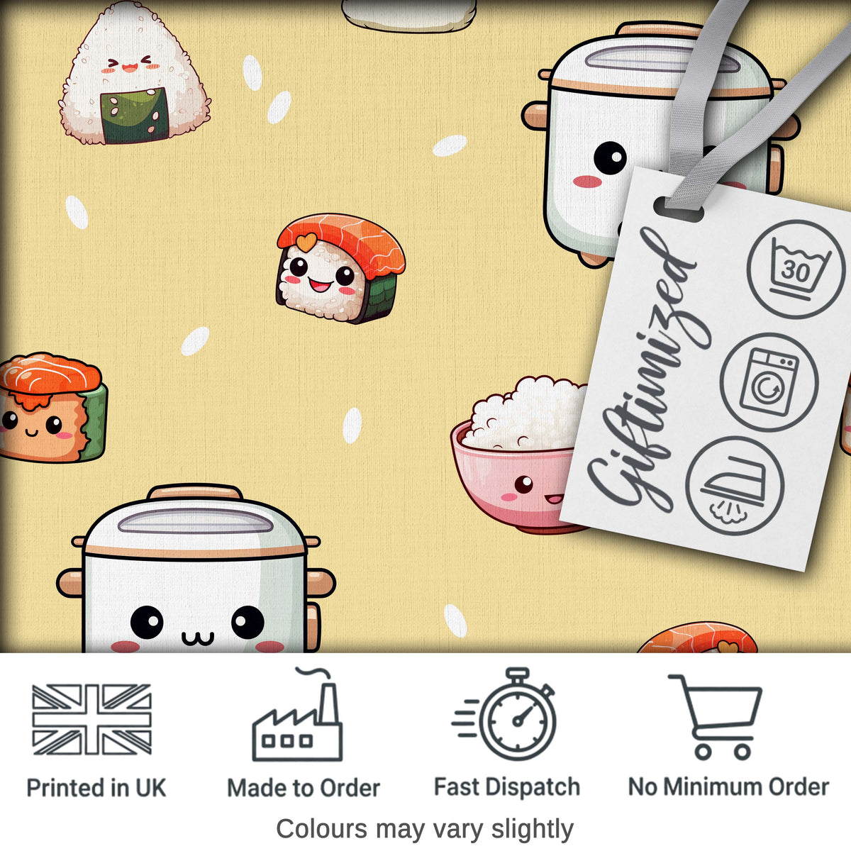 Cute Kawaii Sushi Rice Cooker Bowl Yellow Background Seamless Pattern Digital Print Fabric by the Metre UK Sewing Quilting Textile