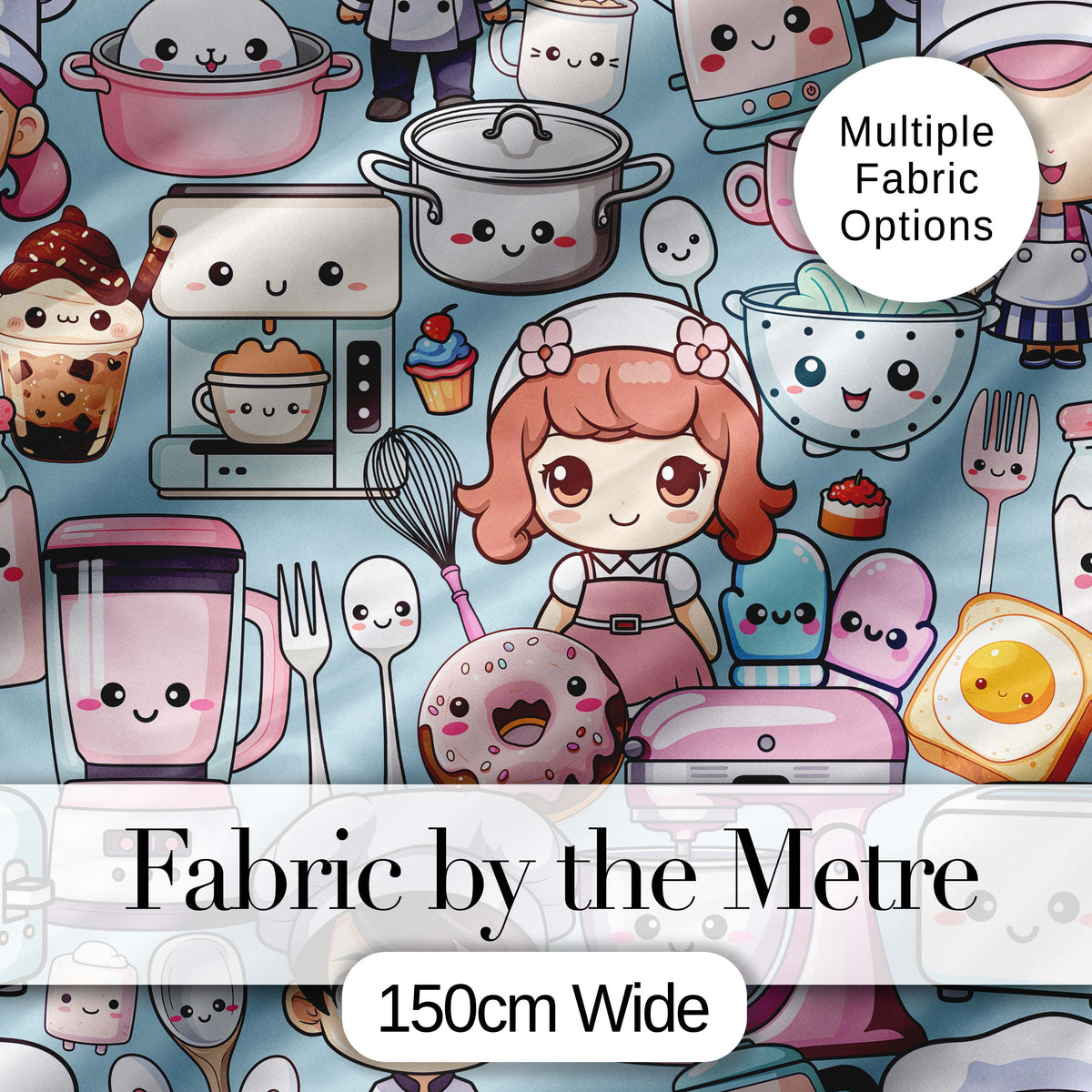 Cute Kawaii Baking Girl Mixer Blender Donut Blue Background Seamless Pattern Digital Print Fabric by the Metre UK Sewing Quilting Textile