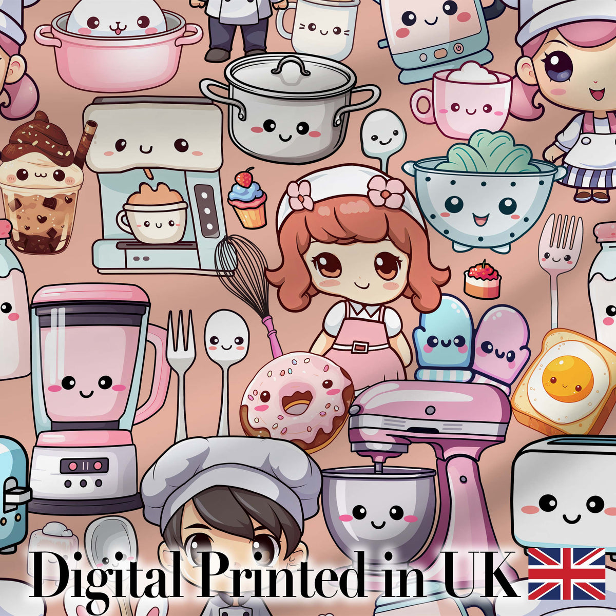 Cute Kawaii Baking Girl Mixer Blender Donut Peach Background Seamless Pattern Digital Print Fabric by the Metre UK Sewing Quilting Textile