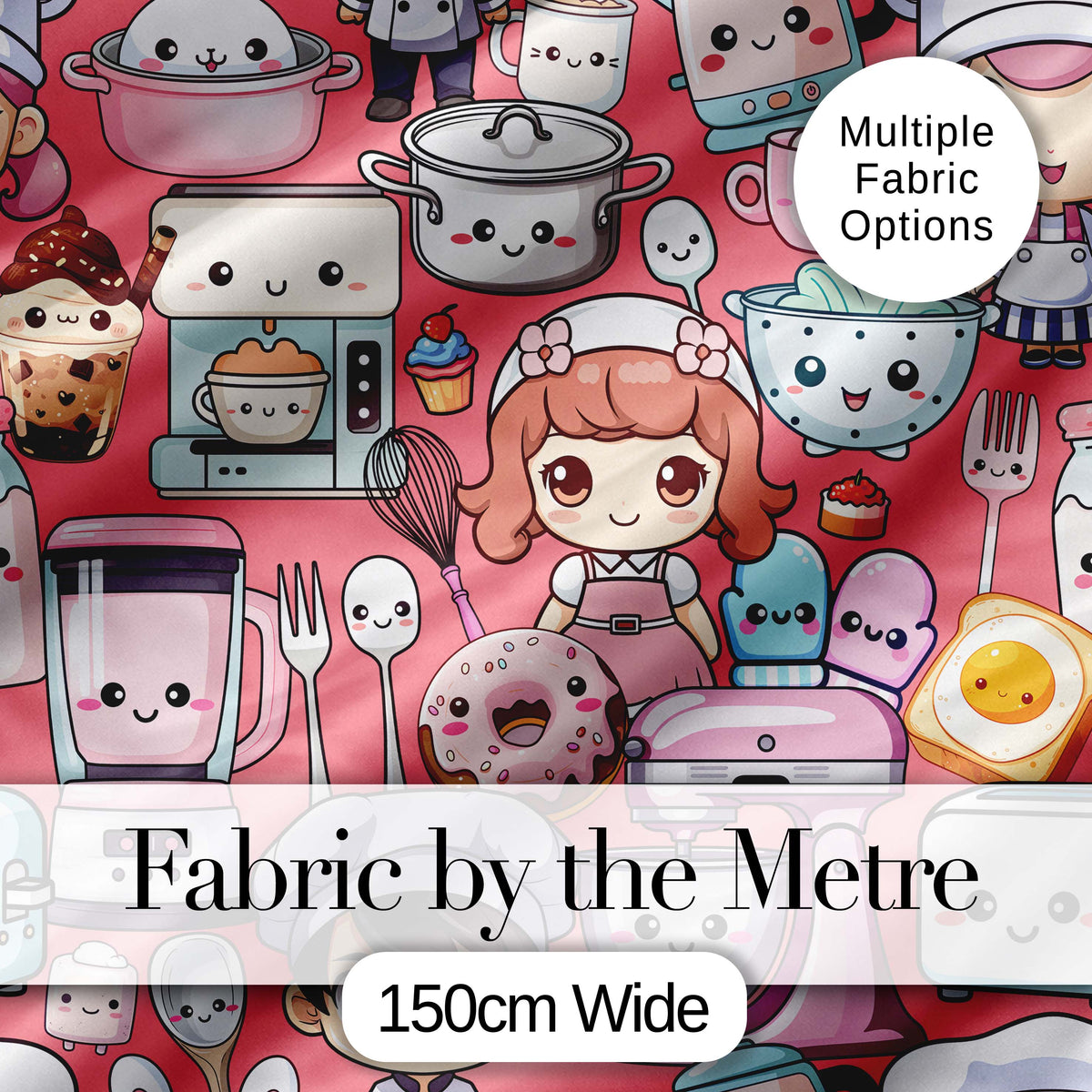 Cute Kawaii Baking Girl Mixer Blender Donut Coral Background Seamless Pattern Digital Print Fabric by the Metre UK Sewing Quilting Textile