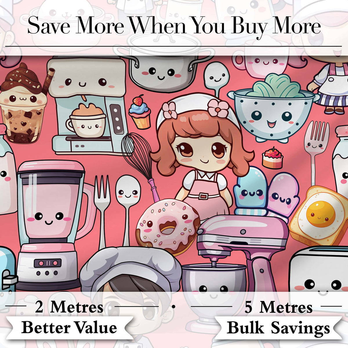 Cute Kawaii Baking Girl Mixer Blender Donut Coral Background Seamless Pattern Digital Print Fabric by the Metre UK Sewing Quilting Textile