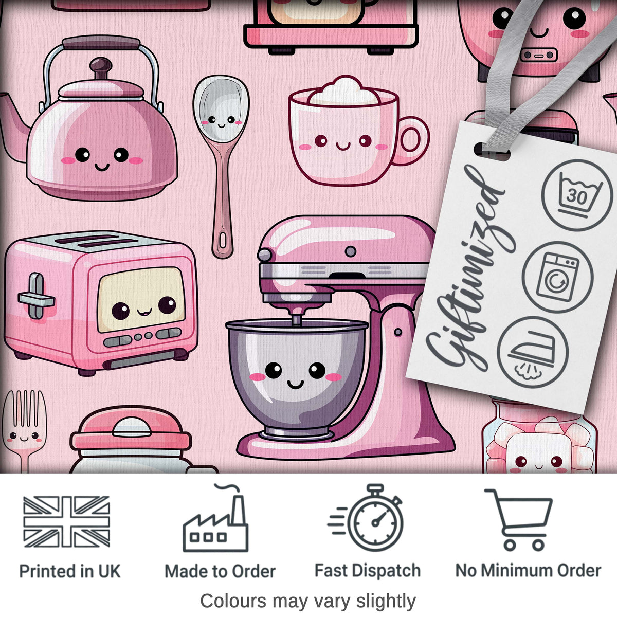 Cute Kawaii Pink Kitchen Appliances Soft Pink Background Seamless Pattern Digital Print Fabric by the Metre UK Sewing Quilting Textile