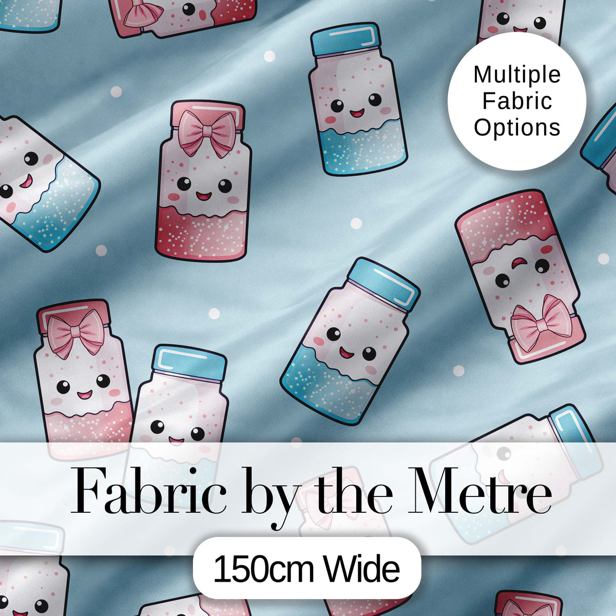Cute Kawaii Sweet Sugar Jars with Bows Pastel Blue Background Seamless Pattern Digital Print Fabric by the Metre UK Sewing Quilting Textile