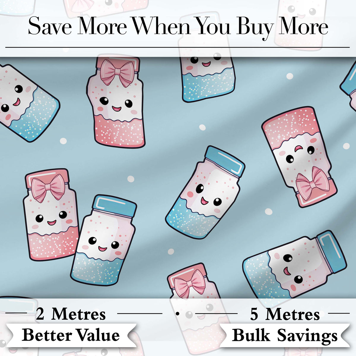 Cute Kawaii Sweet Sugar Jars with Bows Pastel Blue Background Seamless Pattern Digital Print Fabric by the Metre UK Sewing Quilting Textile
