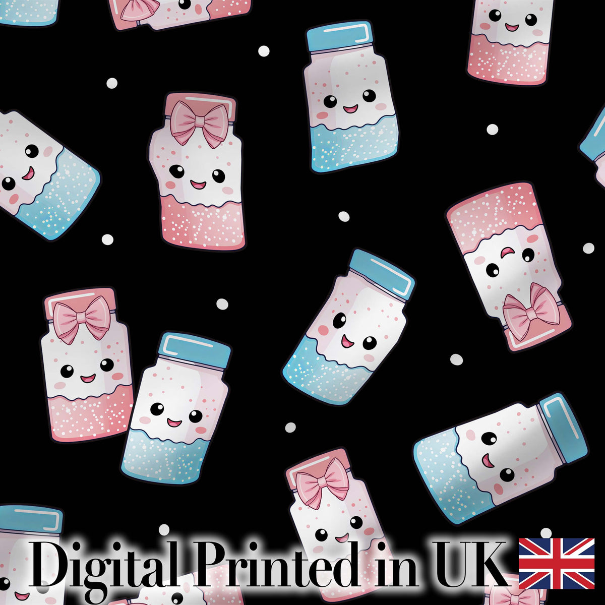Cute Kawaii Sweet Sugar Jars with Bows Black Background Seamless Pattern Digital Print Fabric by the Metre UK Sewing Quilting Textile