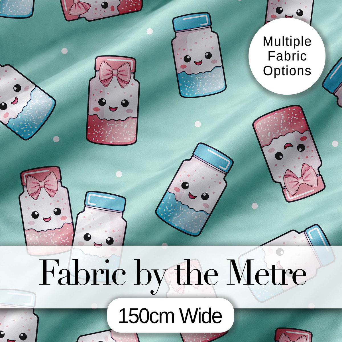 Cute Kawaii Sweet Sugar Jars with Bows Mint Green Background Seamless Pattern Digital Print Fabric by the Metre UK Sewing Quilting Textile