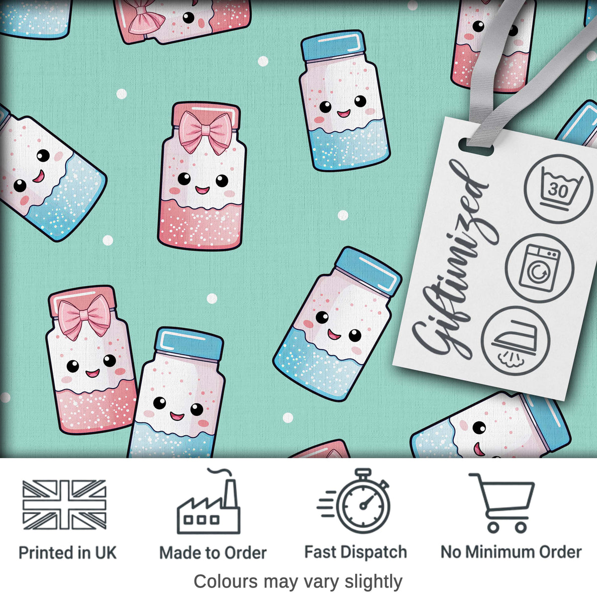 Cute Kawaii Sweet Sugar Jars with Bows Mint Green Background Seamless Pattern Digital Print Fabric by the Metre UK Sewing Quilting Textile