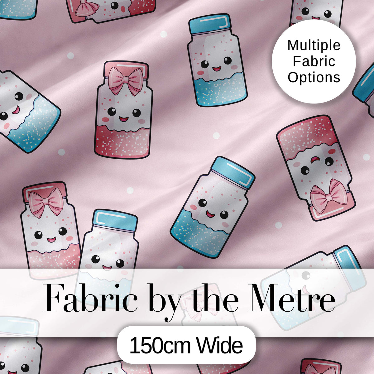 Cute Kawaii Sweet Sugar Jars with Bows Soft Beige Background Seamless Pattern Digital Print Fabric by the Metre UK Sewing Quilting Textile
