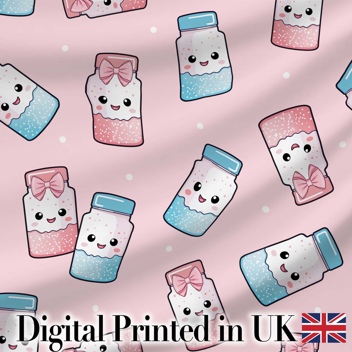 Cute Kawaii Sweet Sugar Jars with Bows Soft Beige Background Seamless Pattern Digital Print Fabric by the Metre UK Sewing Quilting Textile