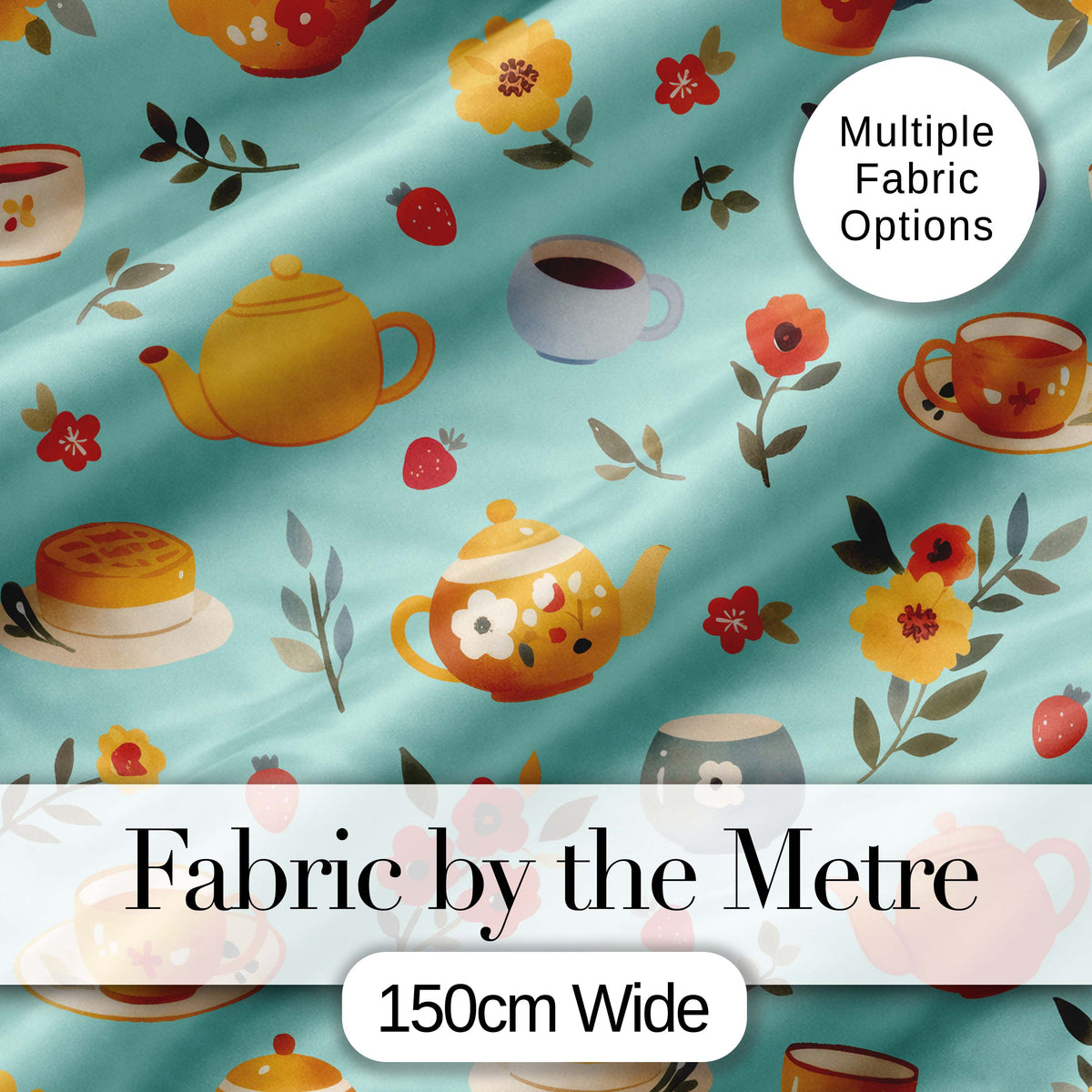 Cute Vintage Teapots Cups Flowers Mint Background Seamless Pattern Digital Print Fabric by the Metre UK Sewing Quilting Textile