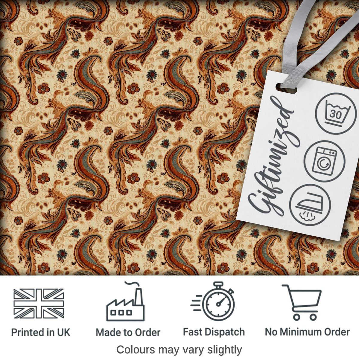 Vintage Warm Brown Paisley Floral Seamless Pattern Digital Print Fabric by the Metre UK Sewing Quilting Textile