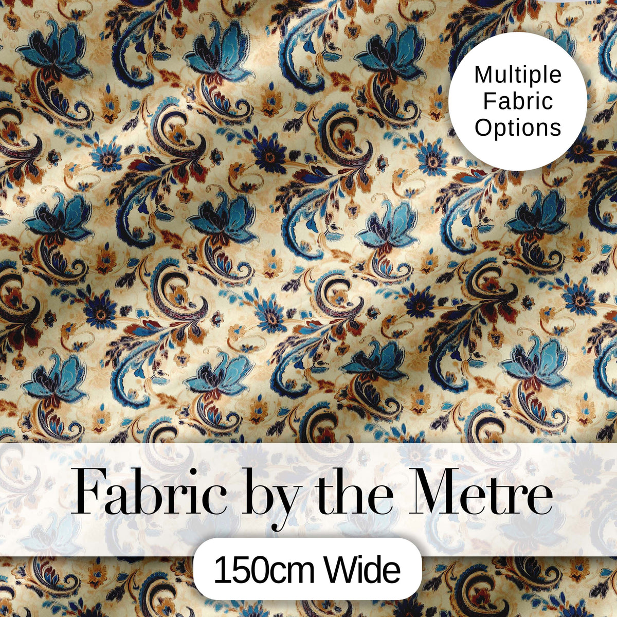 Elegant Blue Floral Paisley Vintage Seamless Pattern Digital Print Fabric by the Metre UK Sewing Quilting Textile