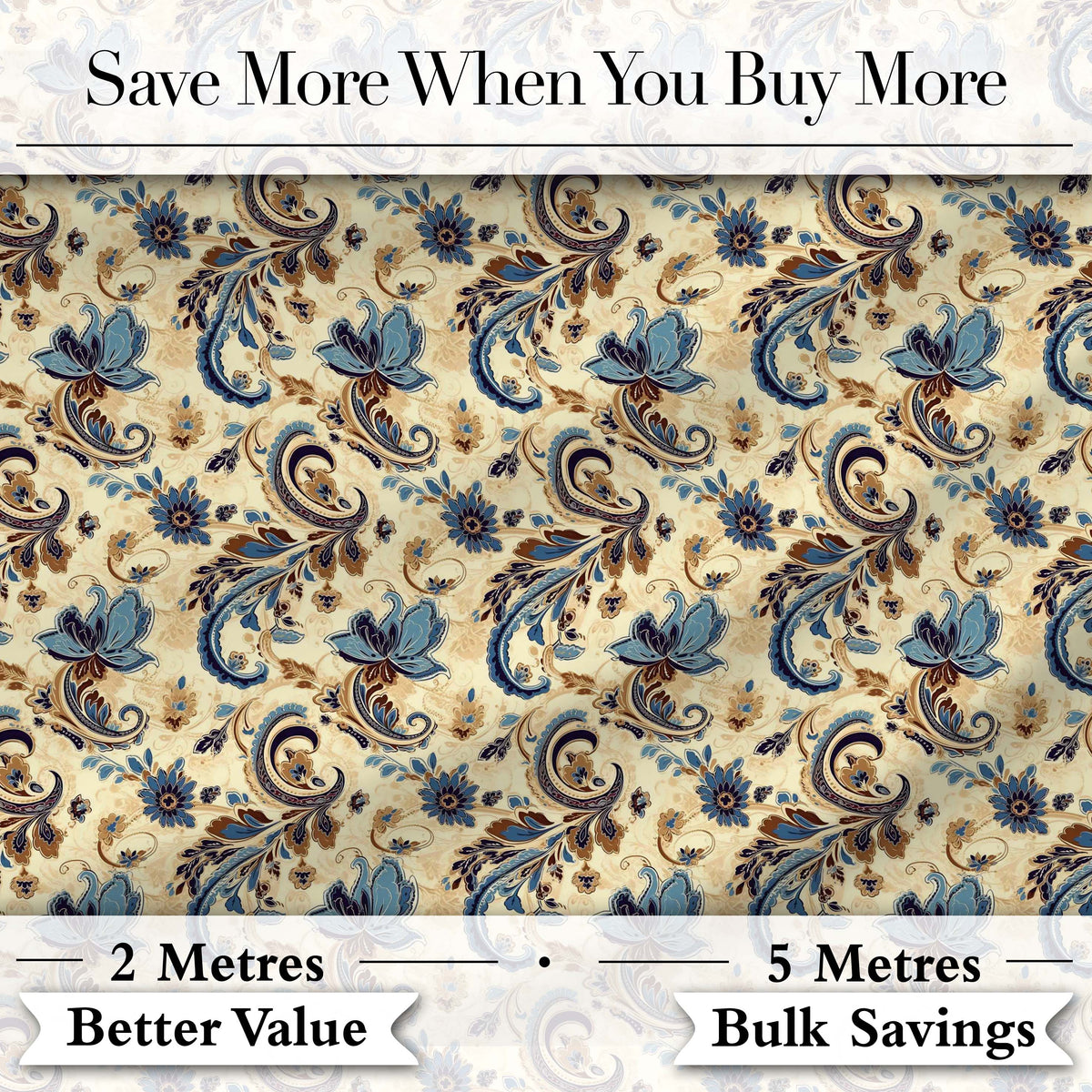 Elegant Blue Floral Paisley Vintage Seamless Pattern Digital Print Fabric by the Metre UK Sewing Quilting Textile