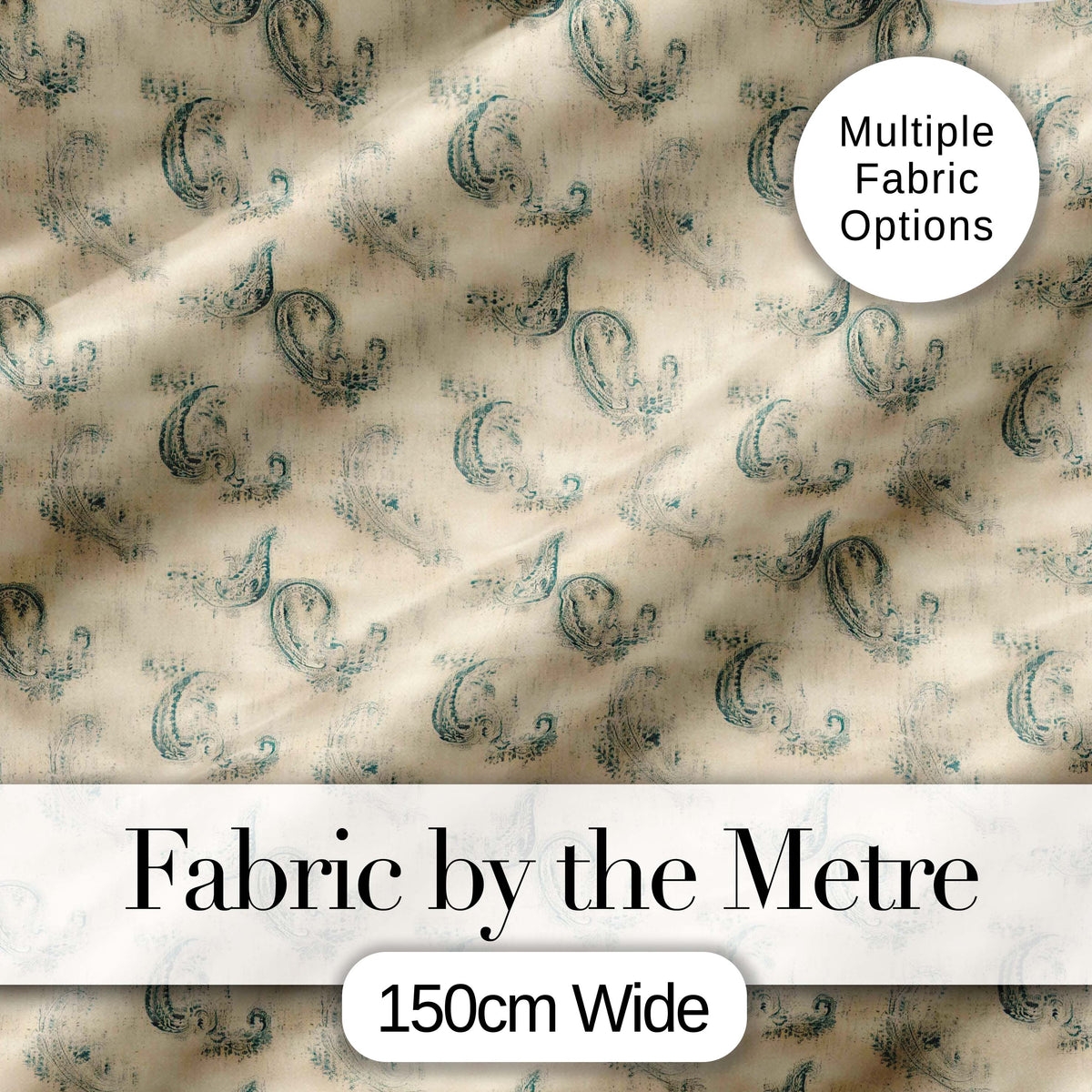 Minimal Distressed Teal Paisley Vintage Seamless Pattern Digital Print Fabric by the Metre UK Sewing Quilting Textile