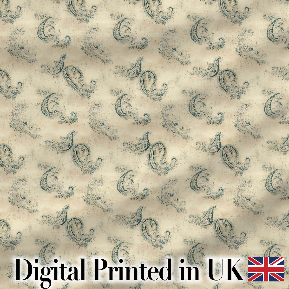 Minimal Distressed Teal Paisley Vintage Seamless Pattern Digital Print Fabric by the Metre UK Sewing Quilting Textile