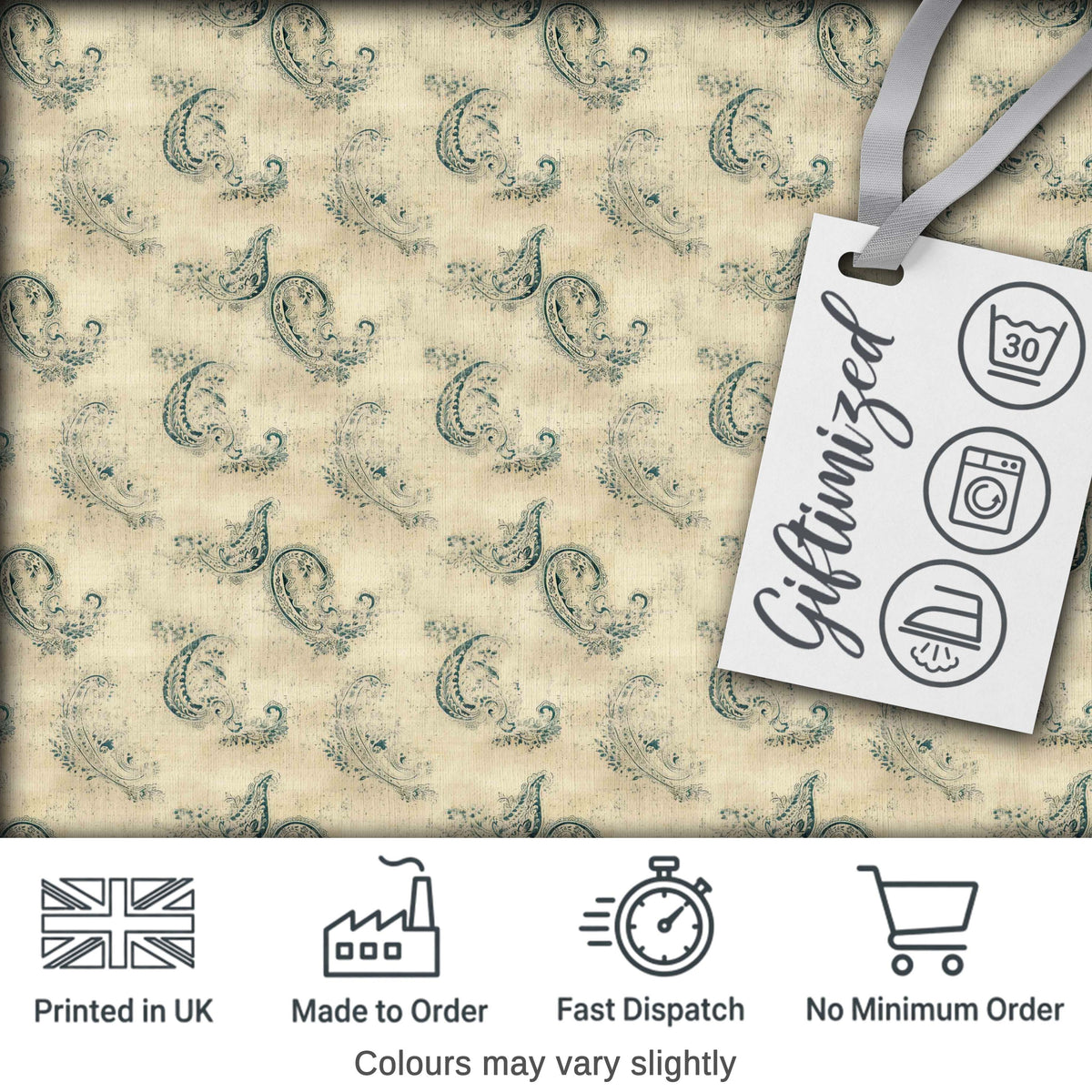 Minimal Distressed Teal Paisley Vintage Seamless Pattern Digital Print Fabric by the Metre UK Sewing Quilting Textile
