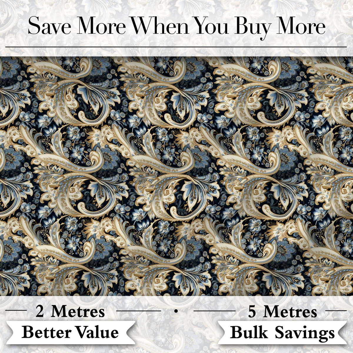 Luxury Navy Gold Floral Paisley Seamless Pattern Digital Print Fabric by the Metre UK Sewing Quilting Textile