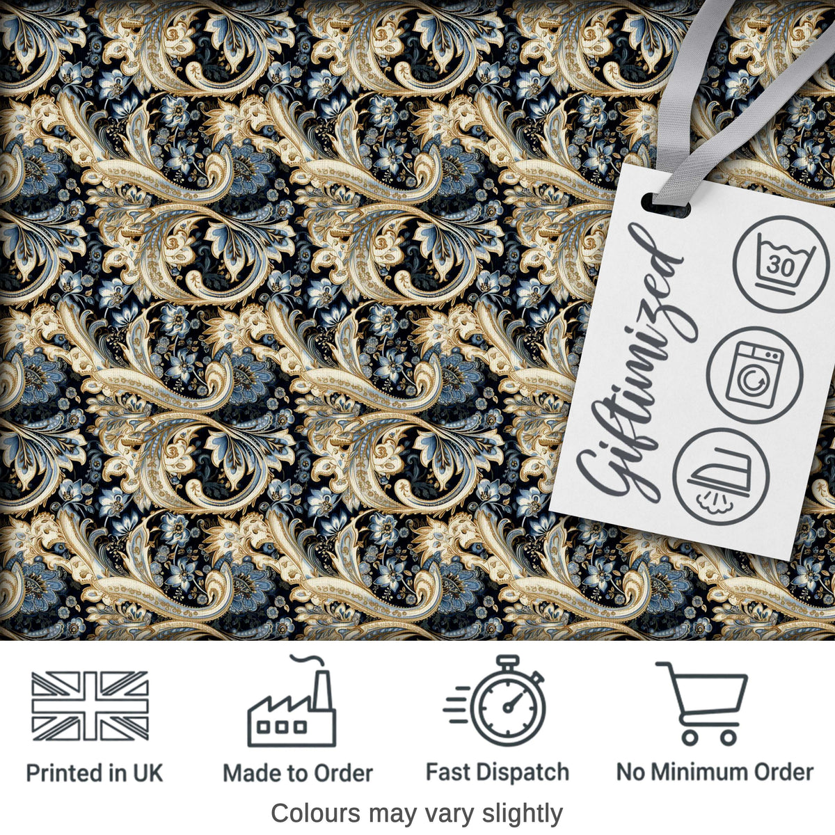 Luxury Navy Gold Floral Paisley Seamless Pattern Digital Print Fabric by the Metre UK Sewing Quilting Textile