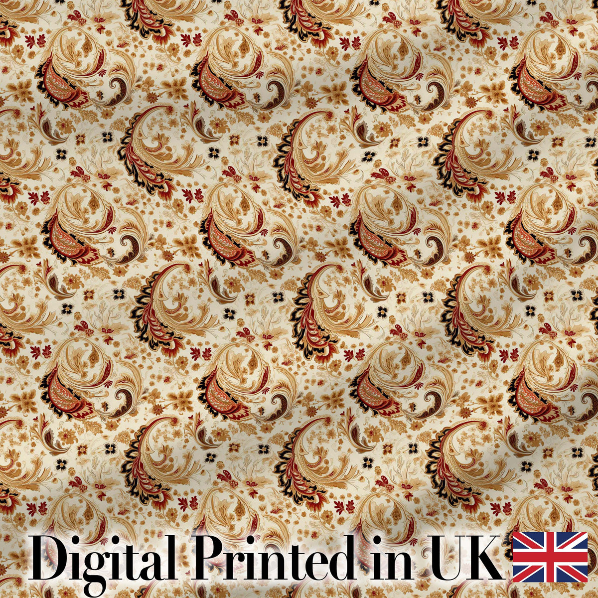 Classic Red Gold Paisley Floral Vintage Seamless Pattern Digital Print Fabric by the Metre UK Sewing Quilting Textile