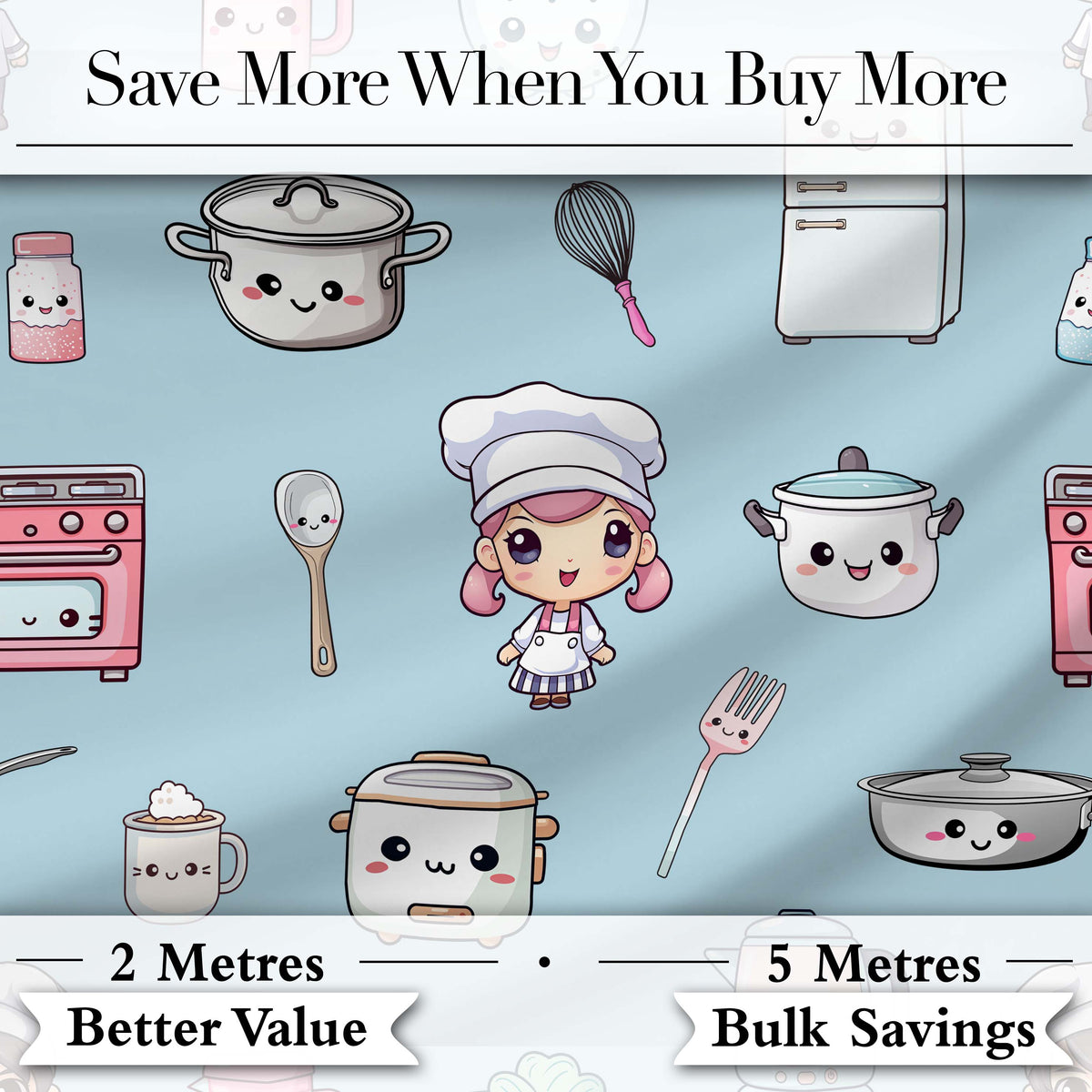Cute Kawaii Kitchen Utensils Chef Girl Seamless Pattern Digital Print Fabric by the Metre UK Sewing Quilting Textile