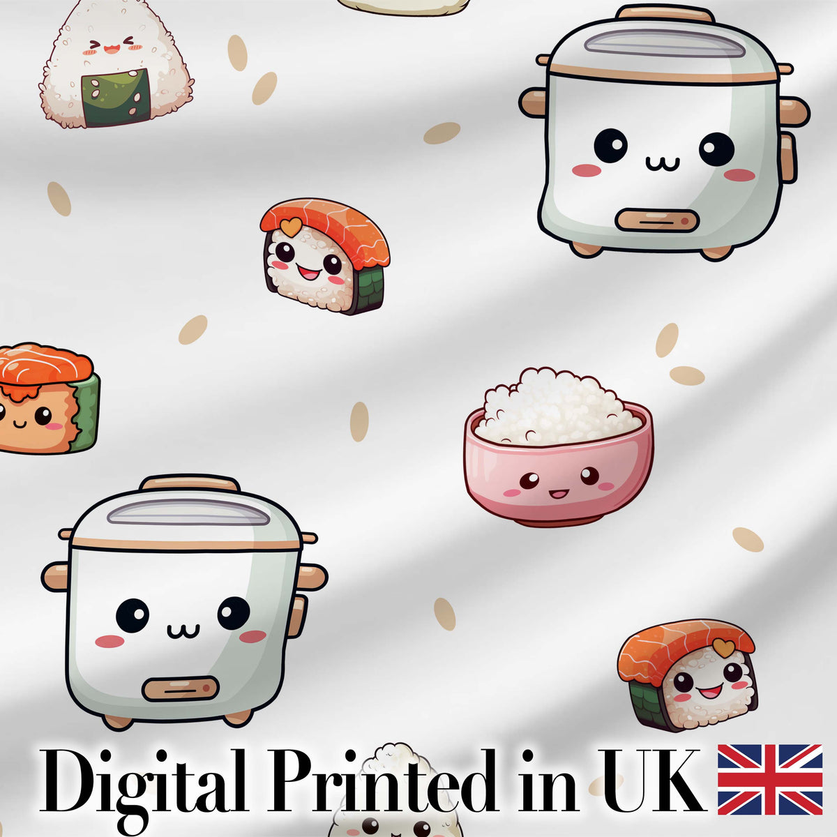Cute Kawaii Sushi Rice Cooker Japanese Food Seamless Pattern Digital Print Fabric by the Metre UK Sewing Quilting Textile