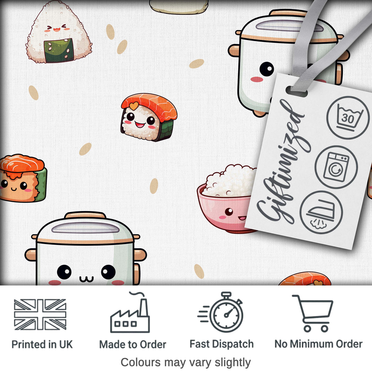 Cute Kawaii Sushi Rice Cooker Japanese Food Seamless Pattern Digital Print Fabric by the Metre UK Sewing Quilting Textile