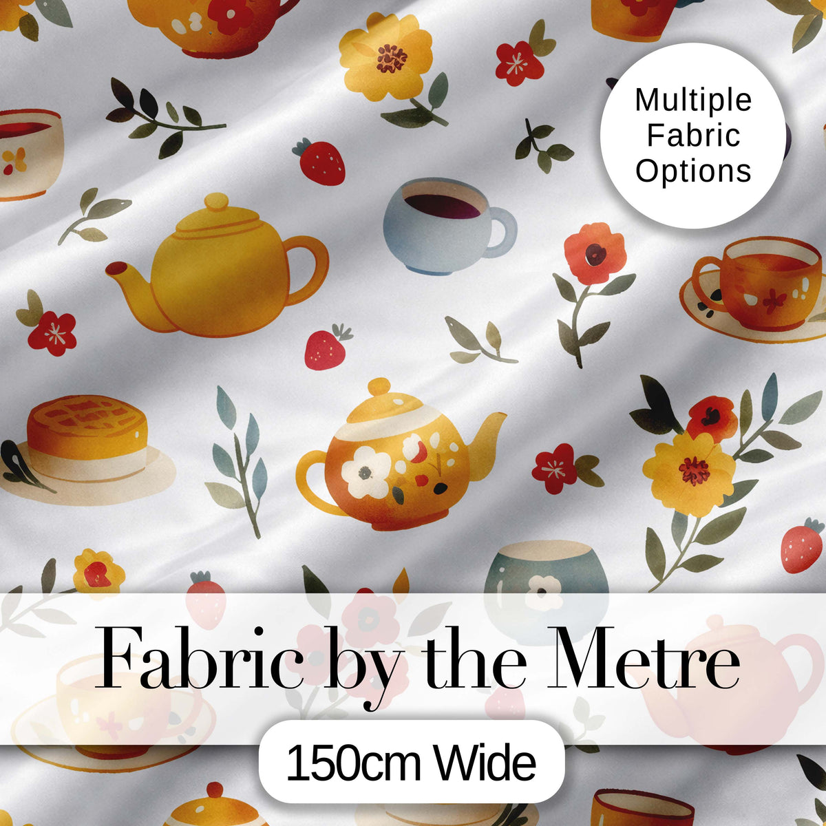 Cute Floral Tea Set Teapot Cup Flowers Seamless Pattern Digital Print Fabric by the Metre UK Sewing Quilting Textile
