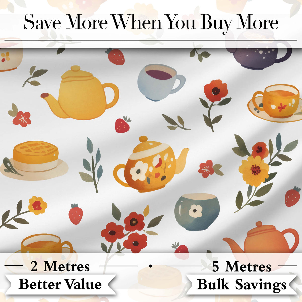 Cute Floral Tea Set Teapot Cup Flowers Seamless Pattern Digital Print Fabric by the Metre UK Sewing Quilting Textile