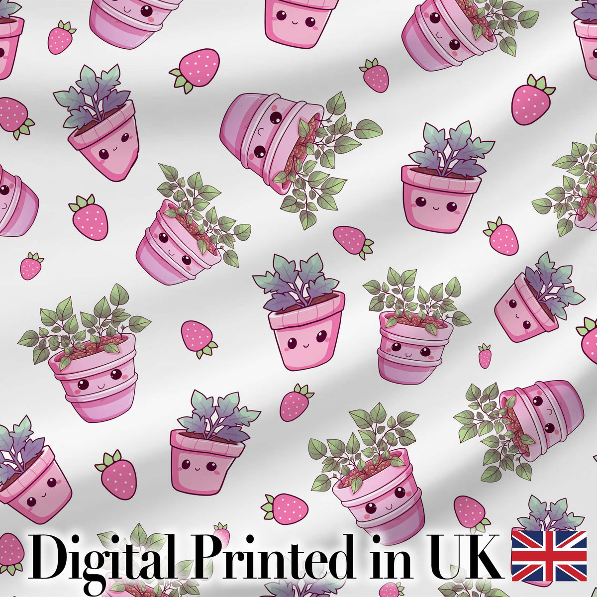Cute Kawaii Strawberry Plant Pots Grey Background Seamless Pattern Digital Print Fabric by the Metre UK Sewing Quilting Textile