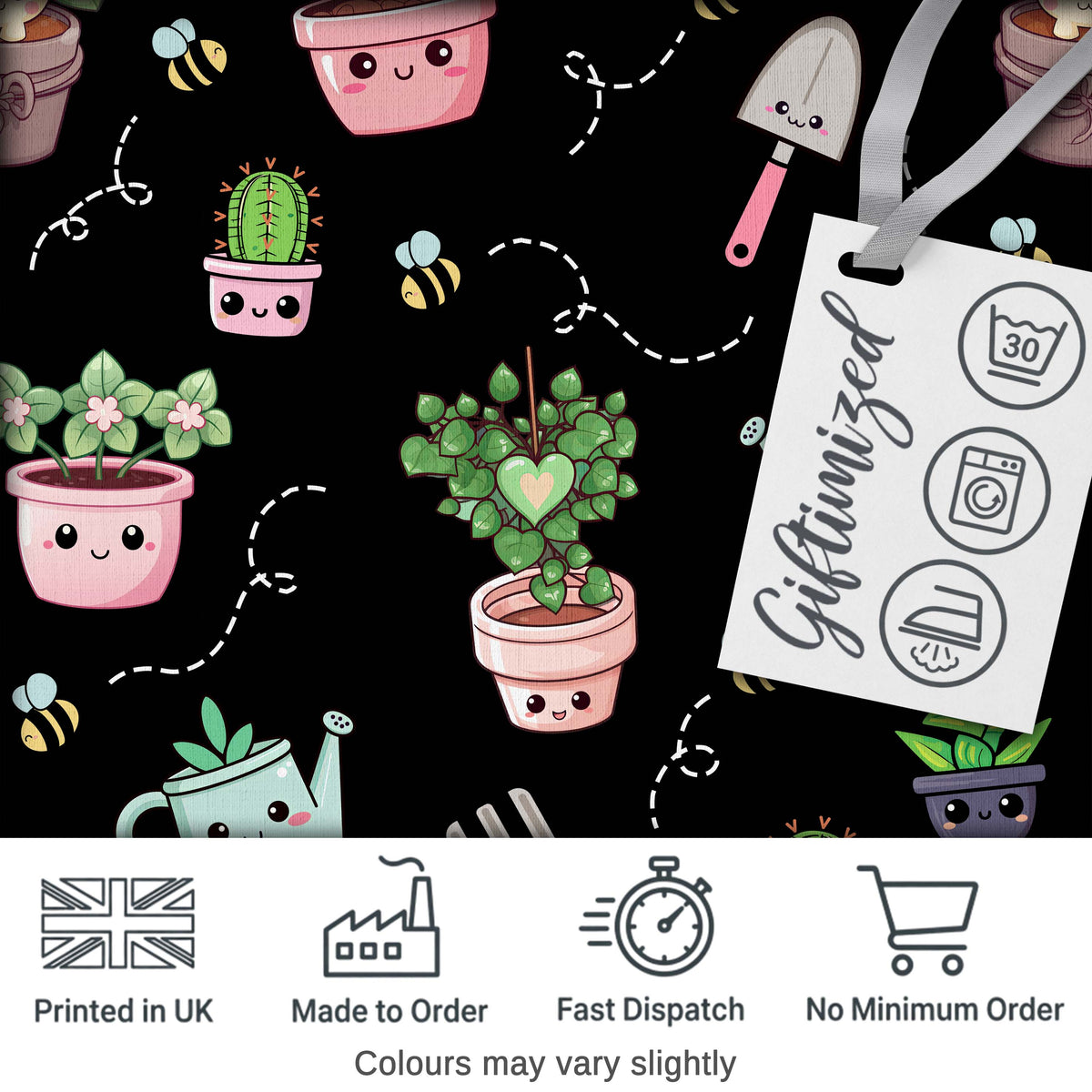 Cute Kawaii Garden Tools Plants Bees Black Seamless Pattern Digital Print Fabric by the Metre UK Sewing Quilting Textile