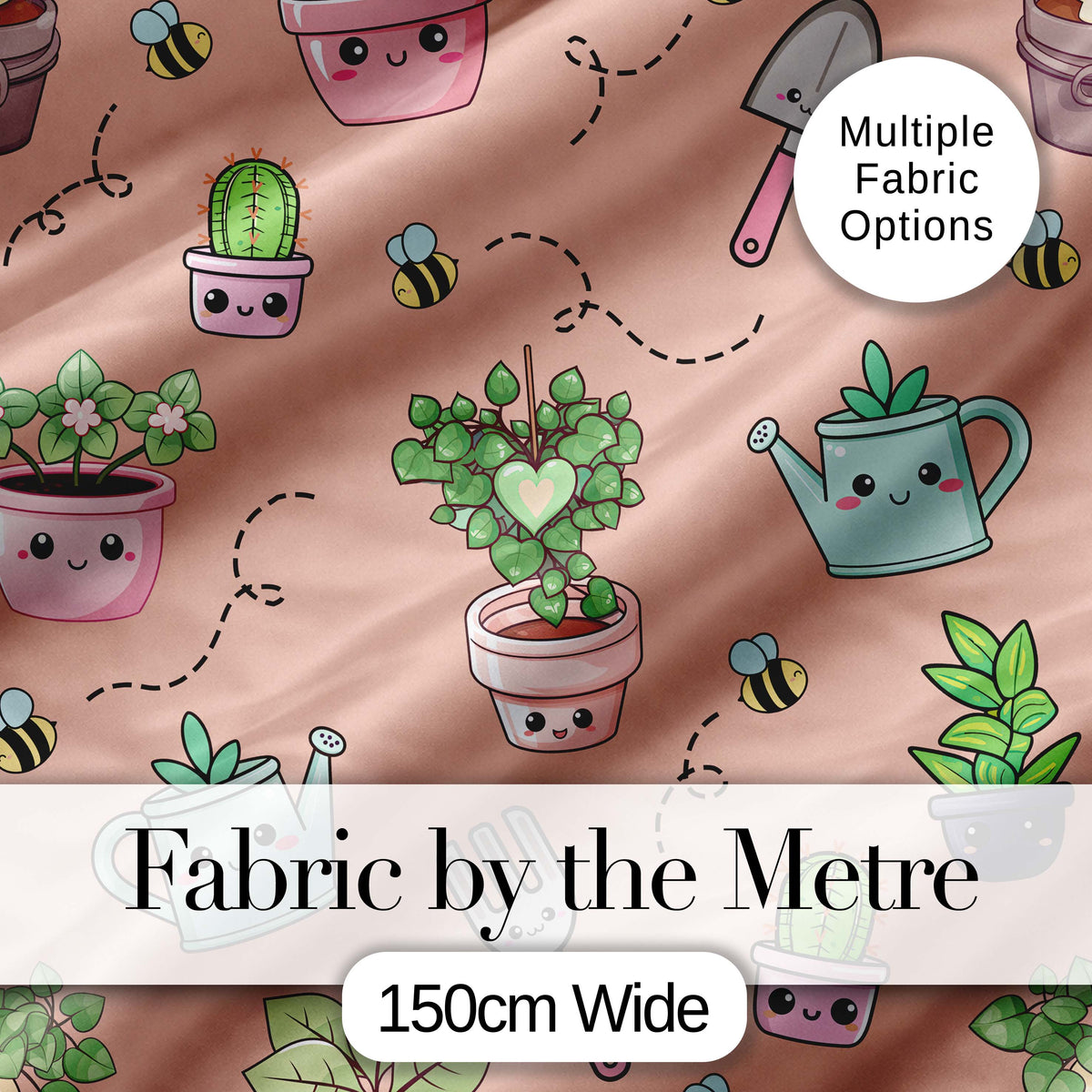 Cute Kawaii Garden Tools Plants Bees Peach Background Seamless Pattern Digital Print Fabric by the Metre UK Sewing Quilting Textile