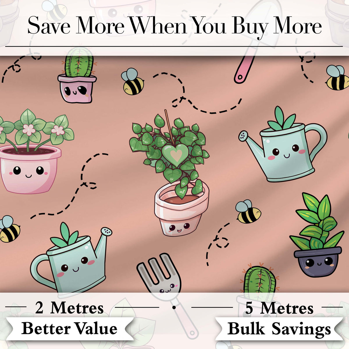 Cute Kawaii Garden Tools Plants Bees Peach Background Seamless Pattern Digital Print Fabric by the Metre UK Sewing Quilting Textile
