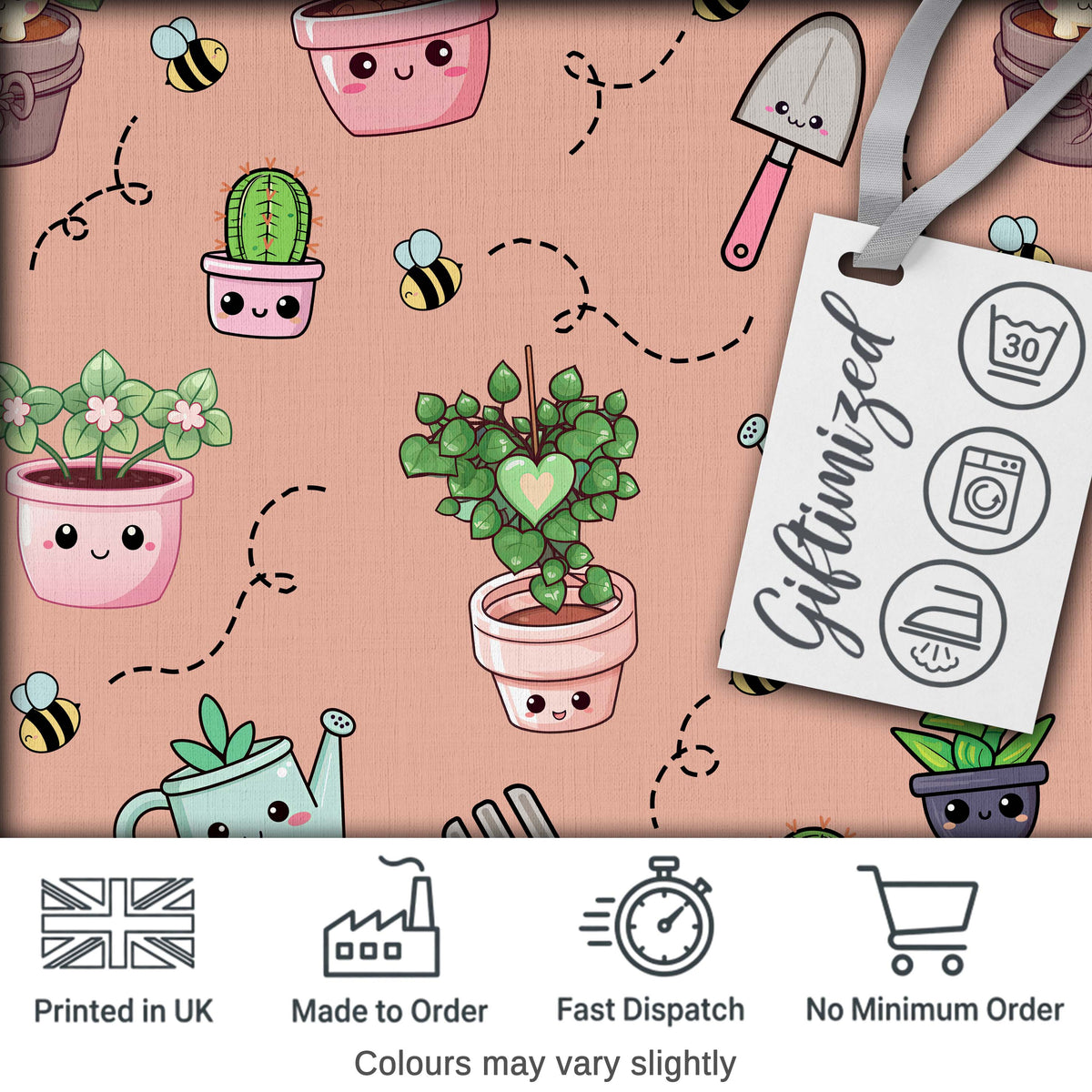 Cute Kawaii Garden Tools Plants Bees Peach Background Seamless Pattern Digital Print Fabric by the Metre UK Sewing Quilting Textile