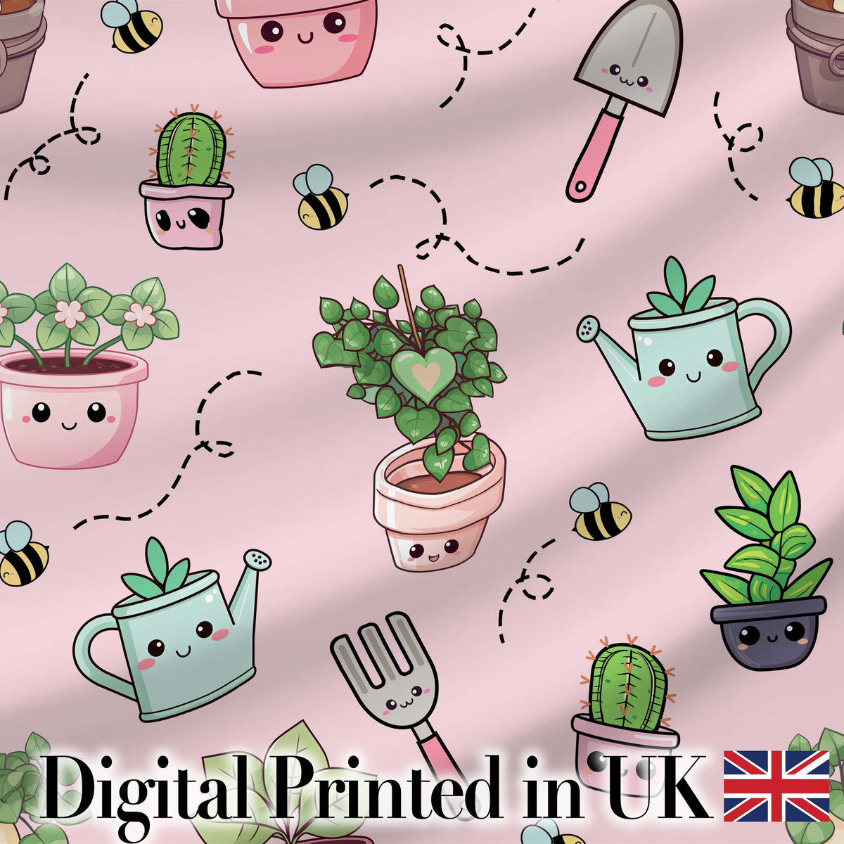 Cute Kawaii Garden Tools Plants Bees Blush Pink Background Seamless Pattern Digital Print Fabric by the Metre UK Sewing Quilting Textile