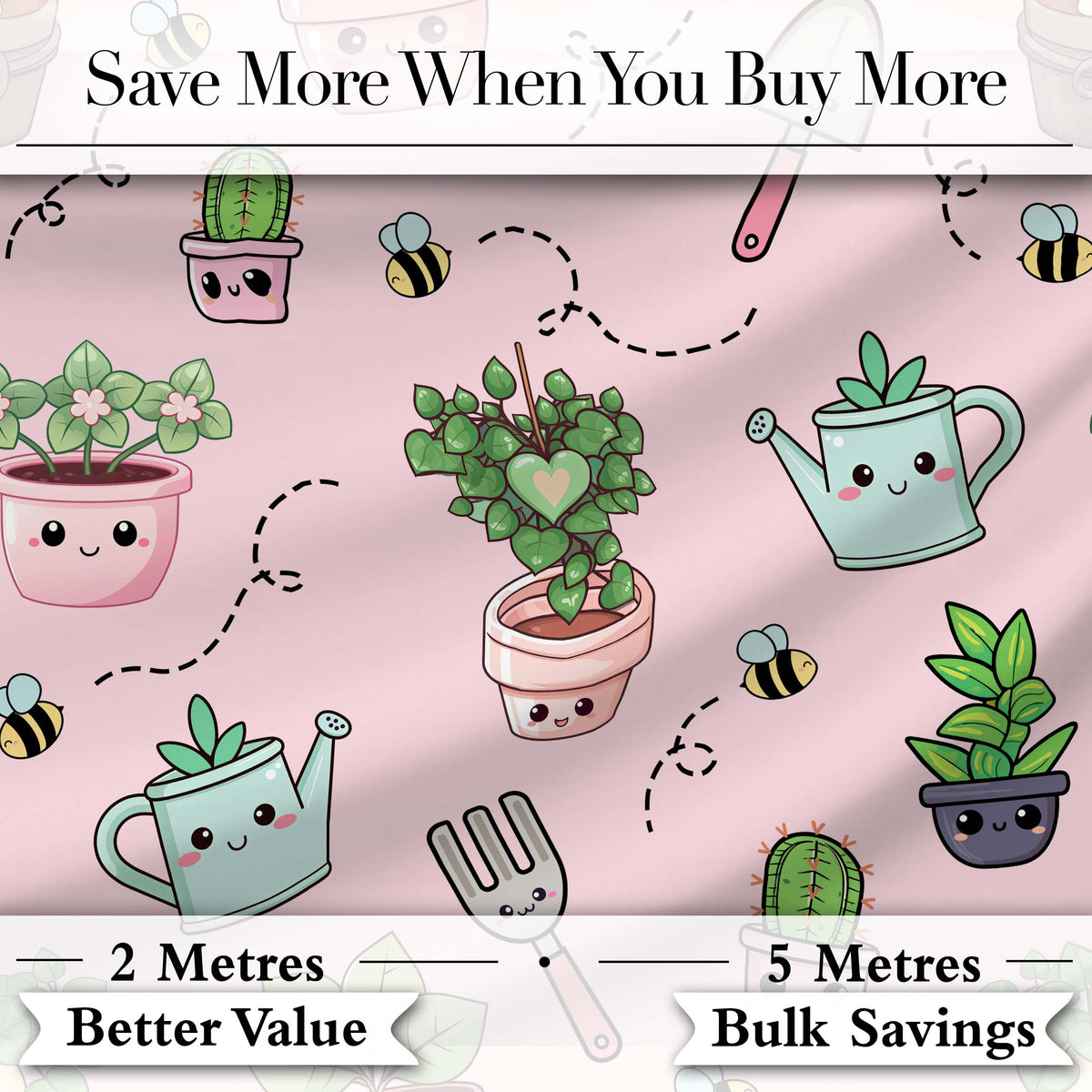 Cute Kawaii Garden Tools Plants Bees Blush Pink Background Seamless Pattern Digital Print Fabric by the Metre UK Sewing Quilting Textile