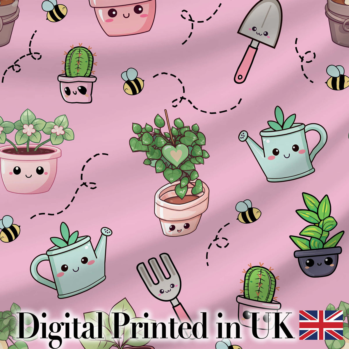 Cute Kawaii Garden Tools Plants Bees Soft Pink Background Seamless Pattern Digital Print Fabric by the Metre UK Sewing Quilting Textile