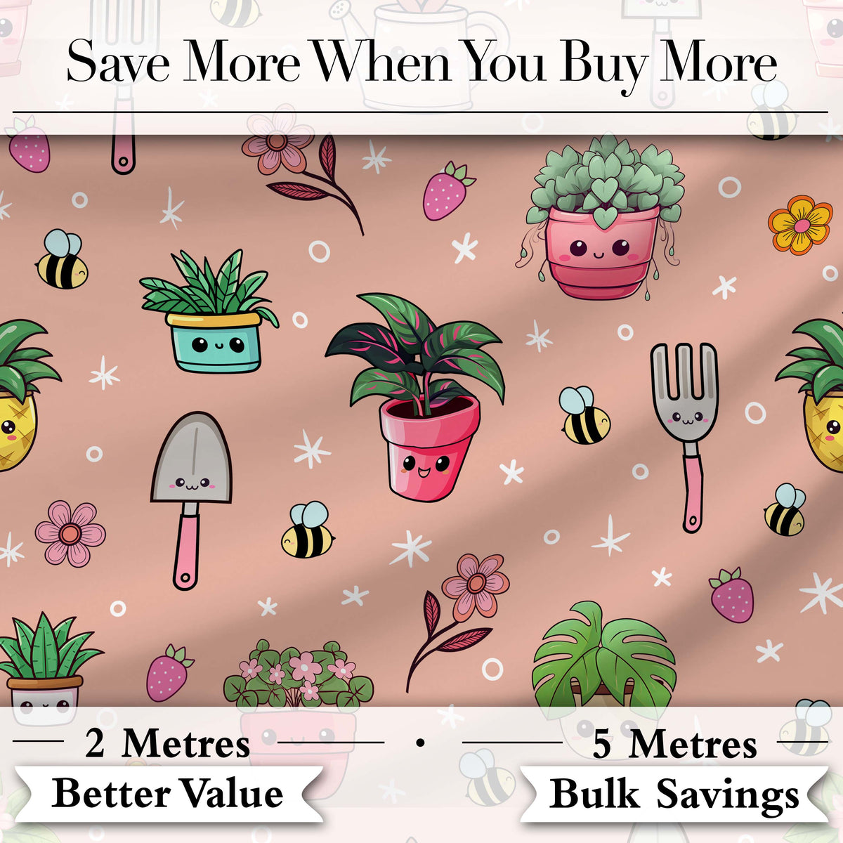 Cute Kawaii Garden Tools Flowers Bees Peach Background Seamless Pattern Digital Print Fabric by the Metre UK Sewing Quilting Textile