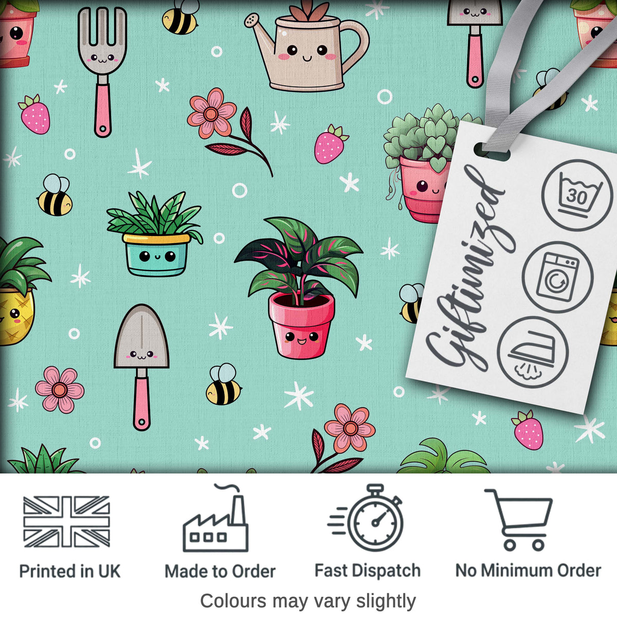 Cute Kawaii Garden Tools Flowers Bees Mint Background Seamless Pattern Digital Print Fabric by the Metre UK Sewing Quilting Textile
