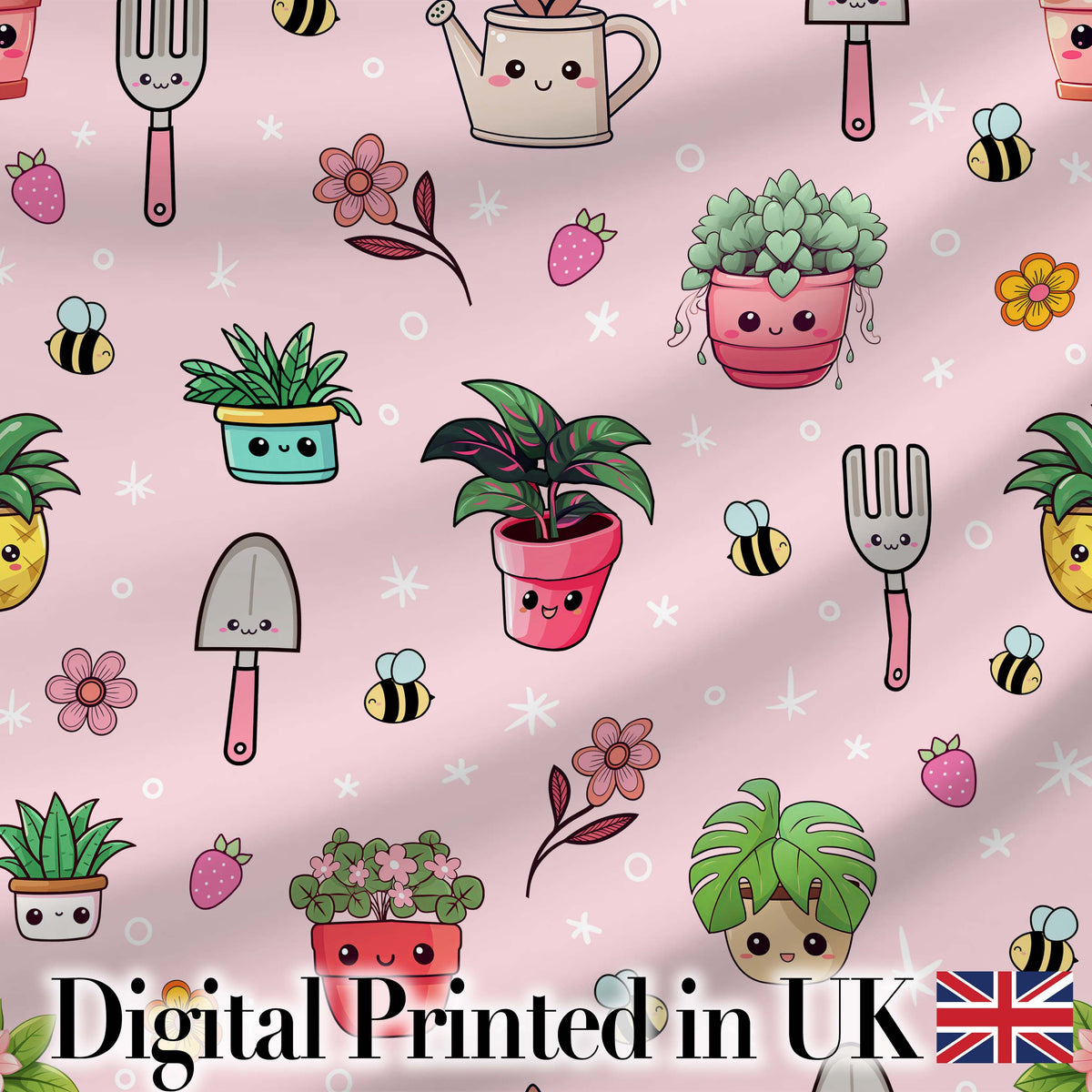 Cute Kawaii Garden Tools Flowers Bees Blush Pink Background Seamless Pattern Digital Print Fabric by the Metre UK Sewing Quilting Textile