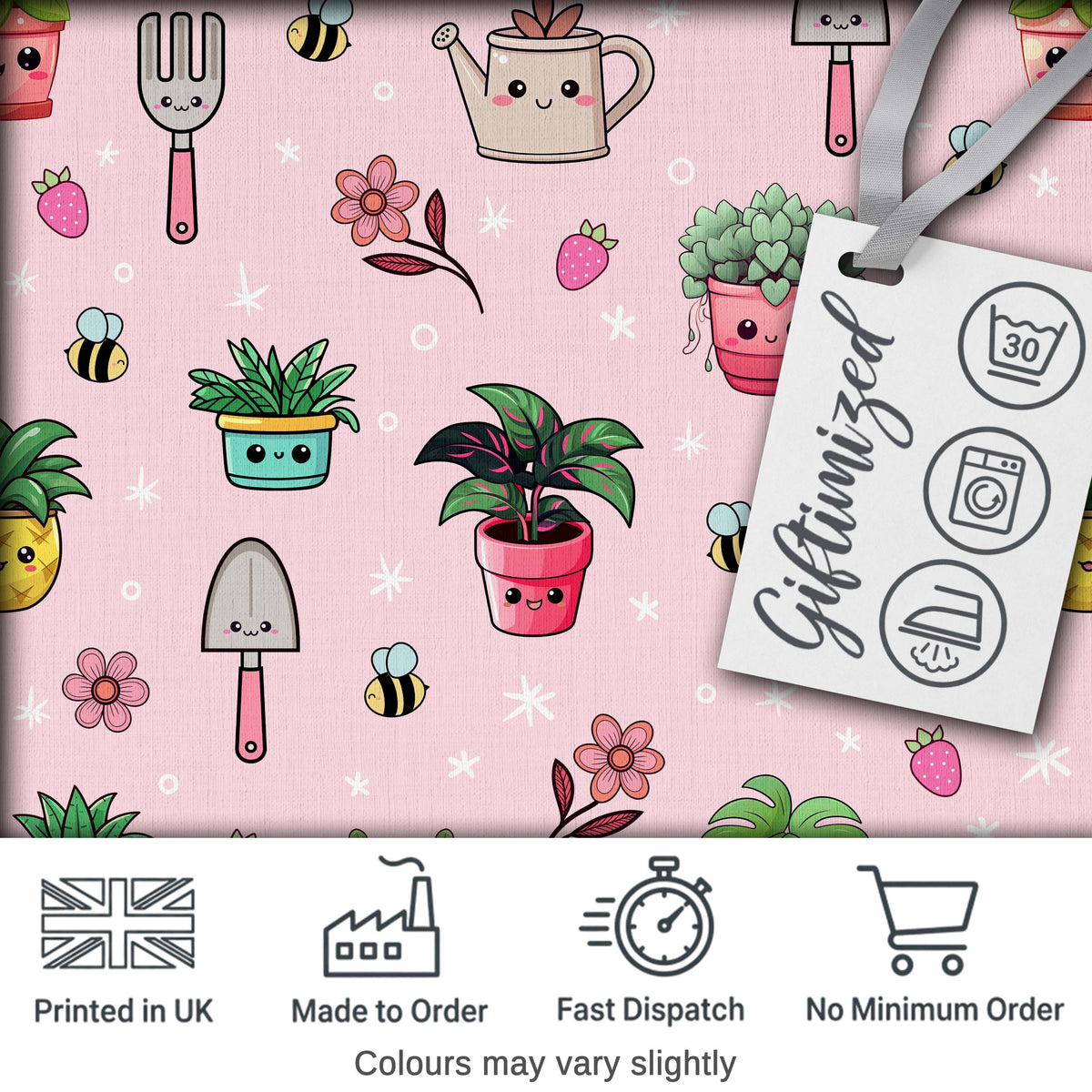 Cute Kawaii Garden Tools Flowers Bees Blush Pink Background Seamless Pattern Digital Print Fabric by the Metre UK Sewing Quilting Textile