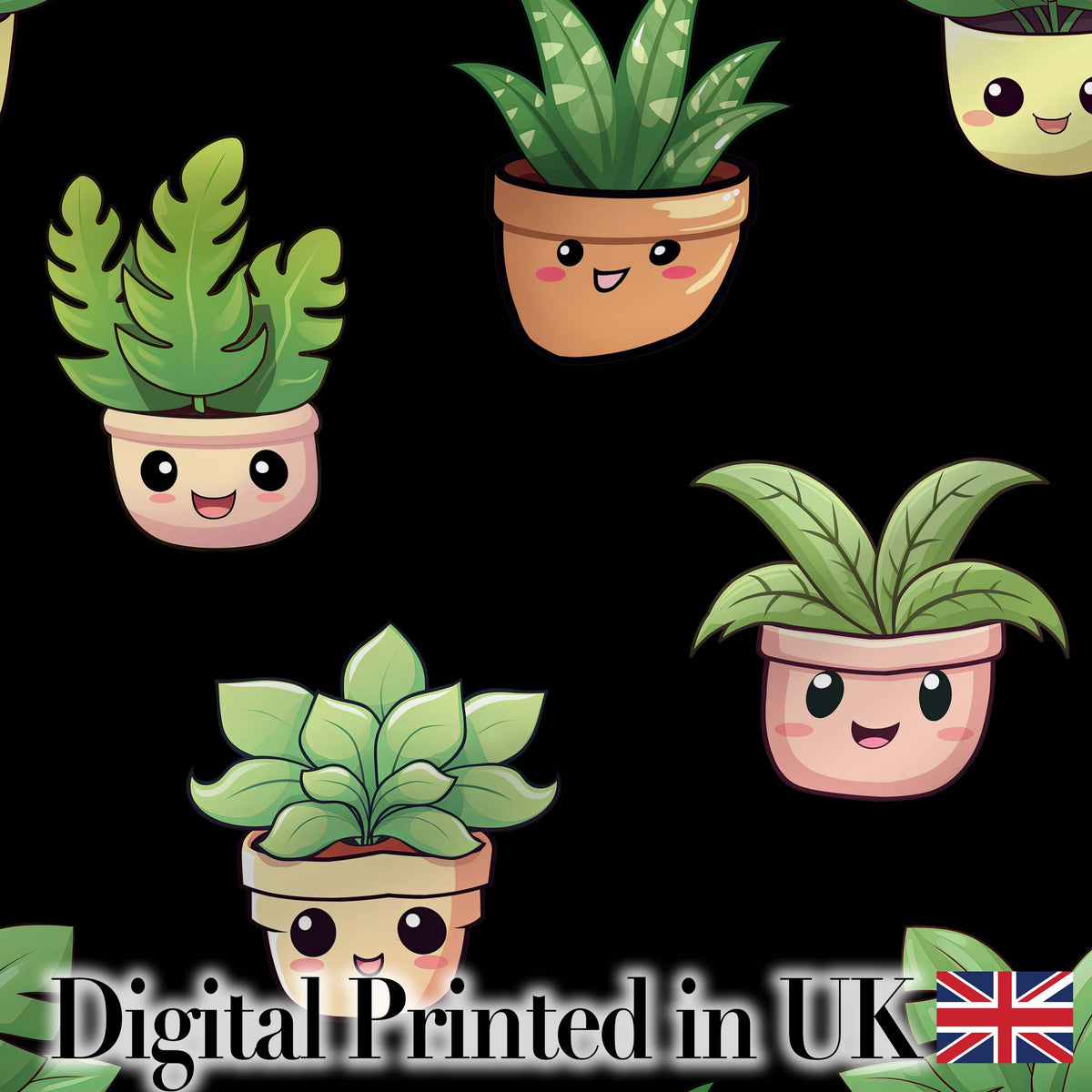 Cute Kawaii Indoor Plants Black Background Seamless Pattern Digital Print Fabric by the Metre UK Sewing Quilting Textile