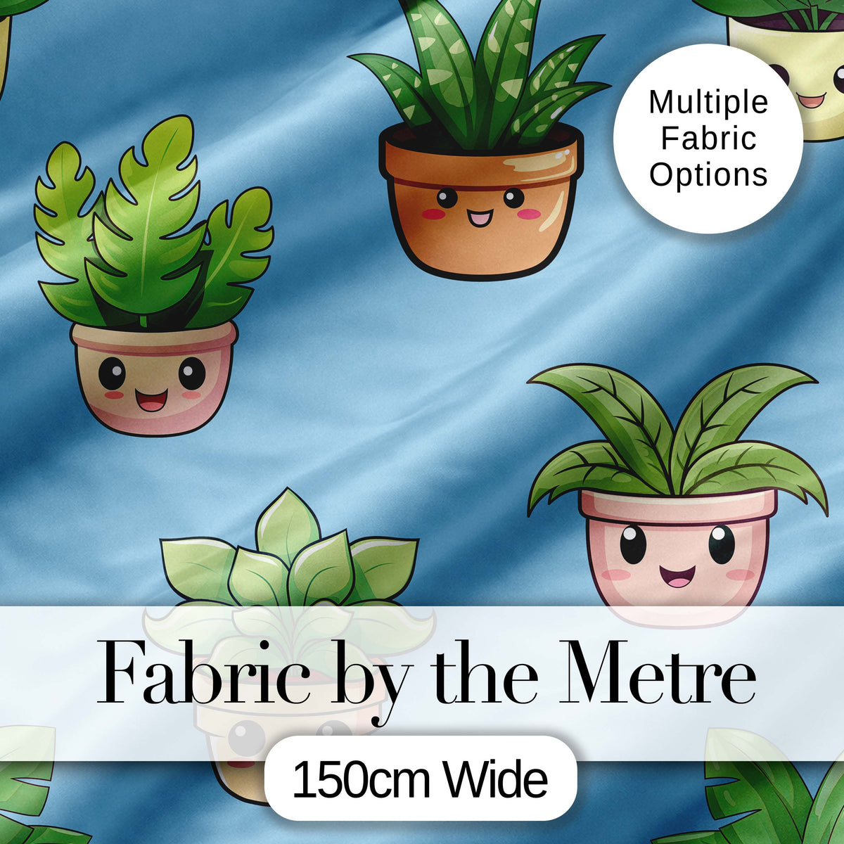 Cute Kawaii Indoor Plants Blue Background Seamless Pattern Digital Print Fabric by the Metre UK Sewing Quilting Textile