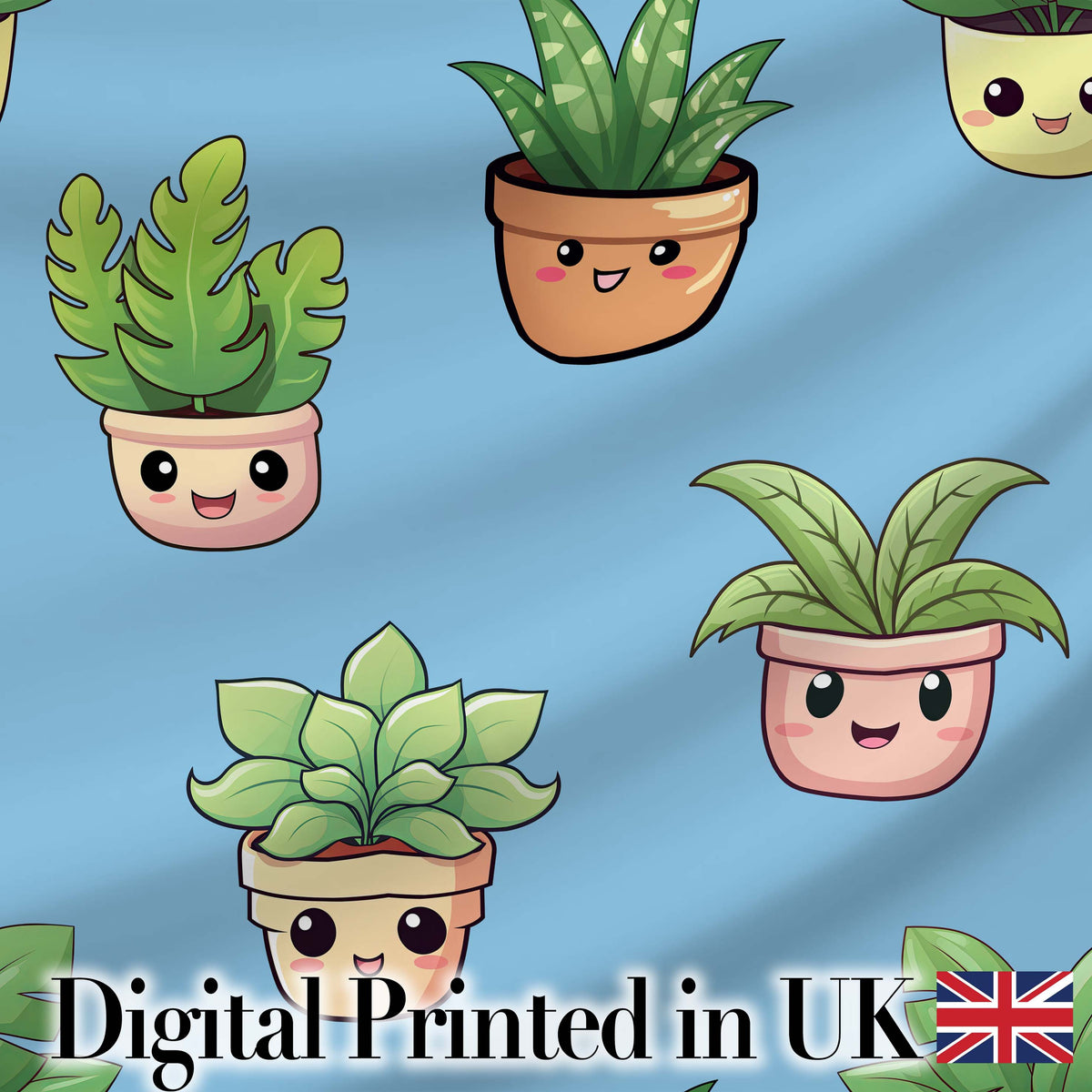 Cute Kawaii Indoor Plants Blue Background Seamless Pattern Digital Print Fabric by the Metre UK Sewing Quilting Textile